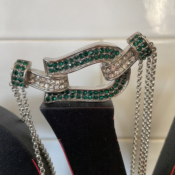 SIGAL BUCKLE CRYSTAL Silver Multi-Strand Triple Chain Necklace ~ 18” - Picture 1 of 8